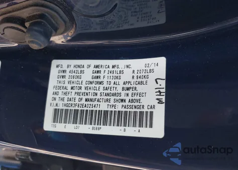 2014 Honda Accord Ex-L V-6 from USA, damaged, VIN 1HGCR3F82EA025471